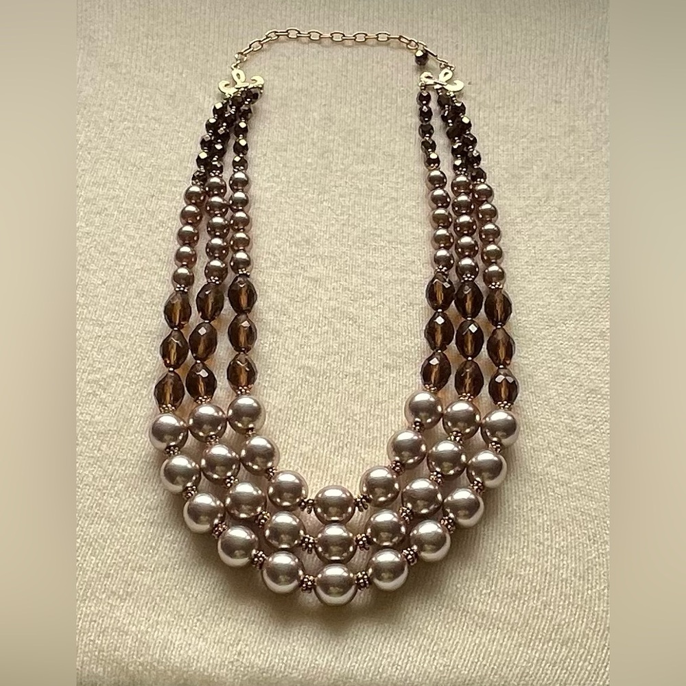 Graziano Multi Strand Faux Champagne Pearl  Smoky Brown Topaz Glass Necklace